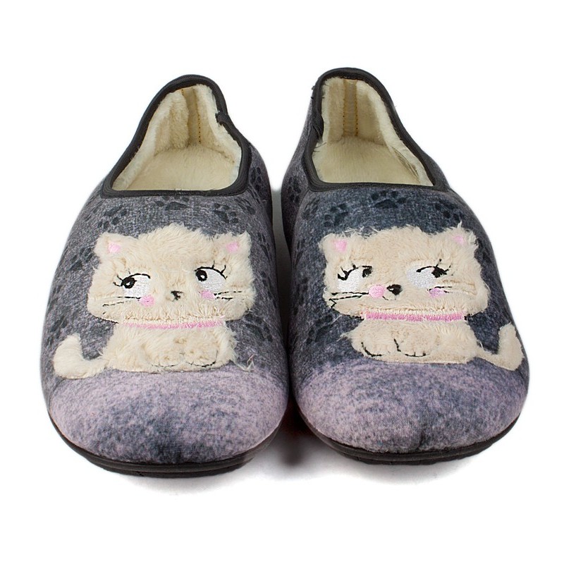 ZAPATILLAS CASA VULLADI MUJER GATITOS CERRADAS  GRIS